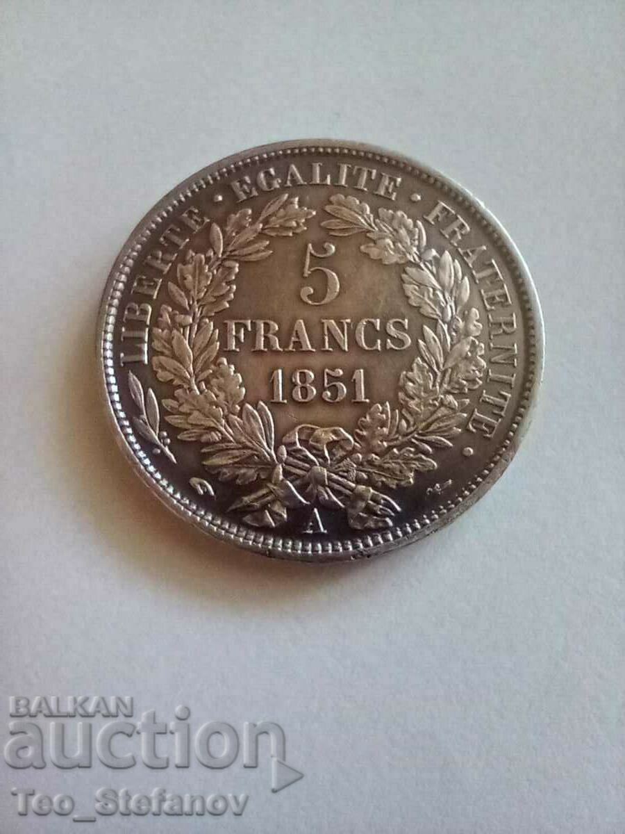 5 Franci 1851 AU+ Franța Argint