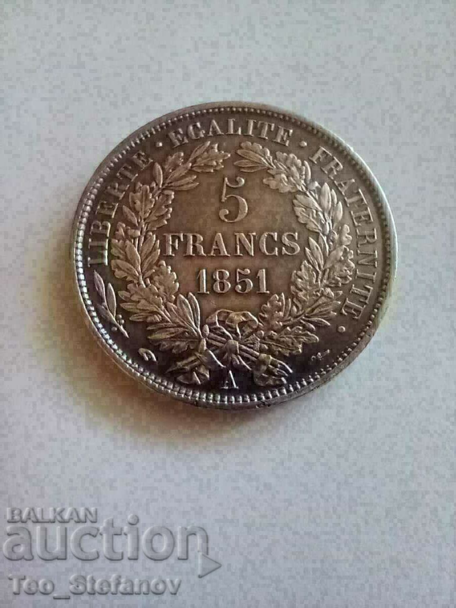 5 franci 1851 AU+ Franta frumoasa patina