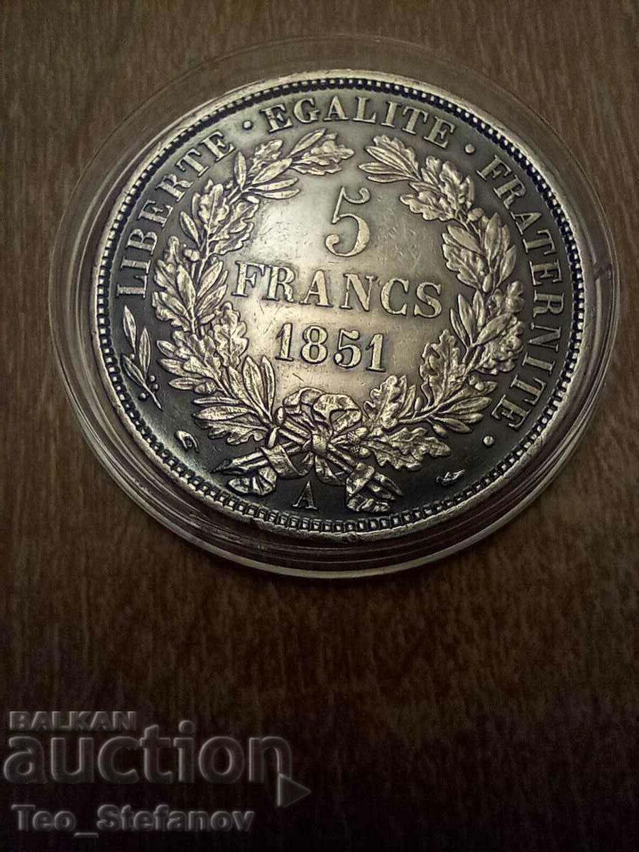 5 franci 1851 AU/UNC Franța unică cu patină