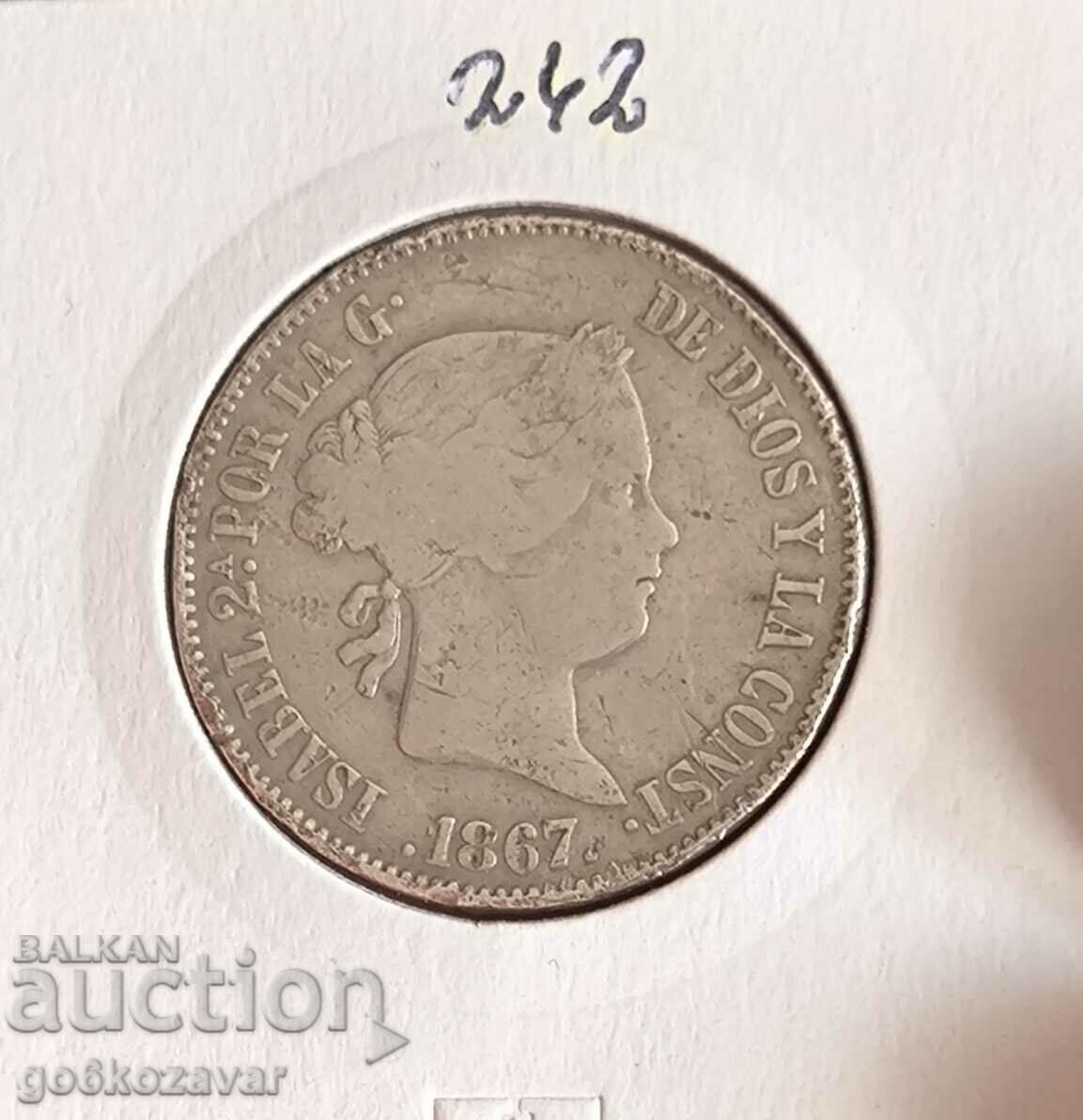 Spania 1 Escudo 1867 Argint ! Rar R!