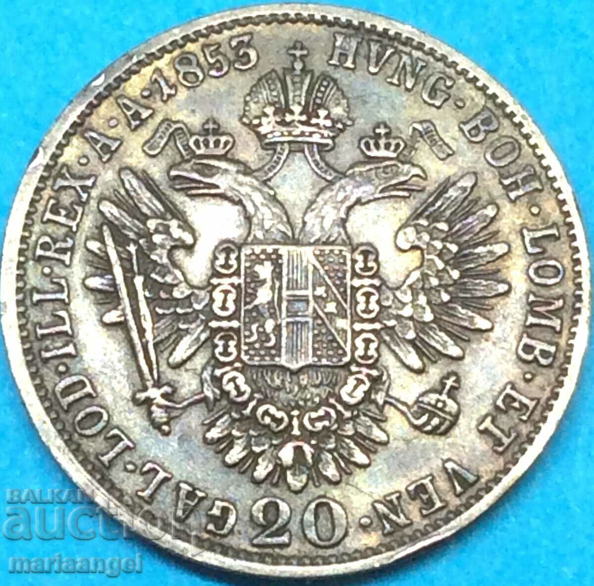 20 Kreuzer 1853 Austria Franz Joseph Silver Patina- Rare!