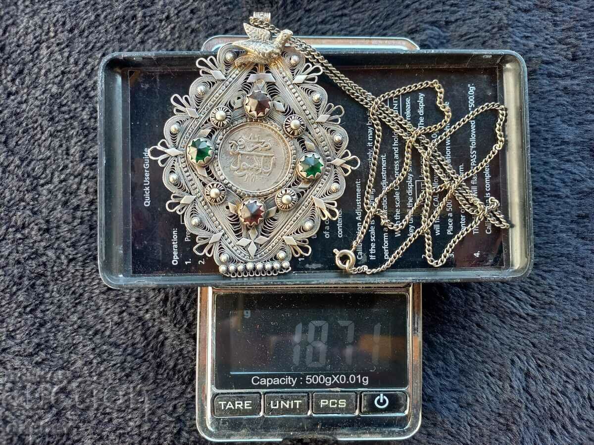 Renaissance silver filigree medallion with bird ornament costume - 6