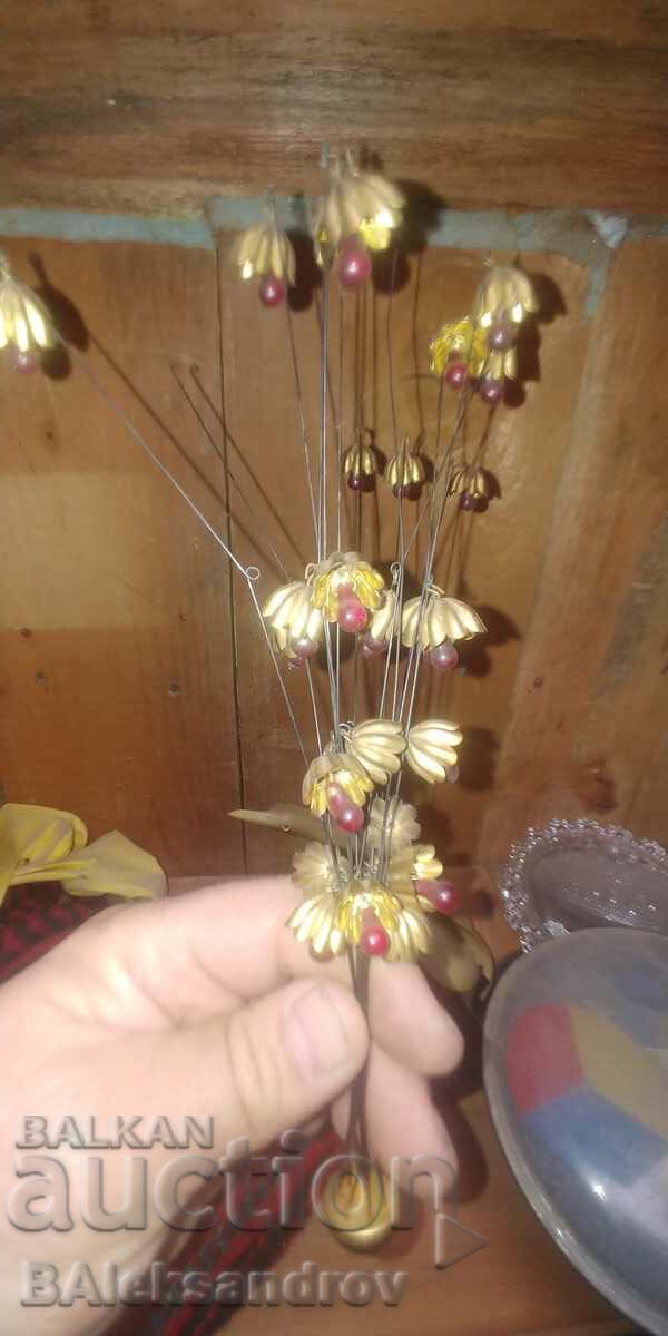 Old bronze flower decoration with glass pendants - 6