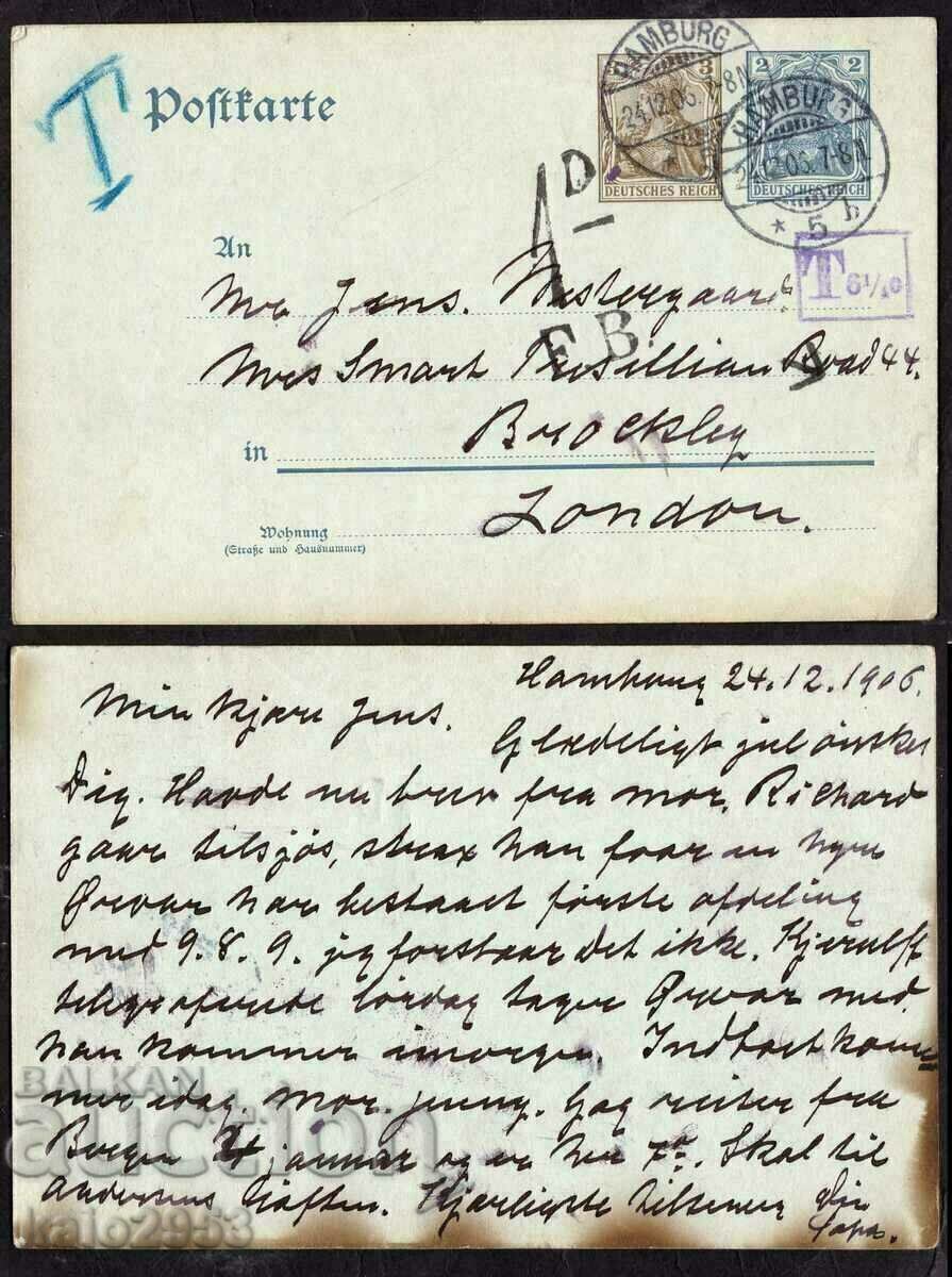 Германия/Райх-Пощ.цялост 2 пф.доплатена с марка 3 пф.-1905