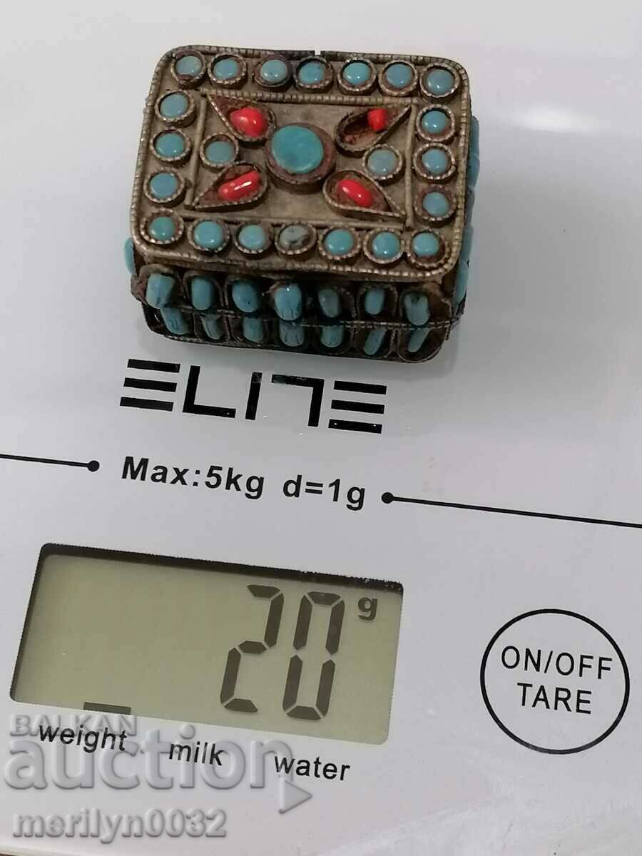 Auction  Old silver box opium box silver turquoise coral