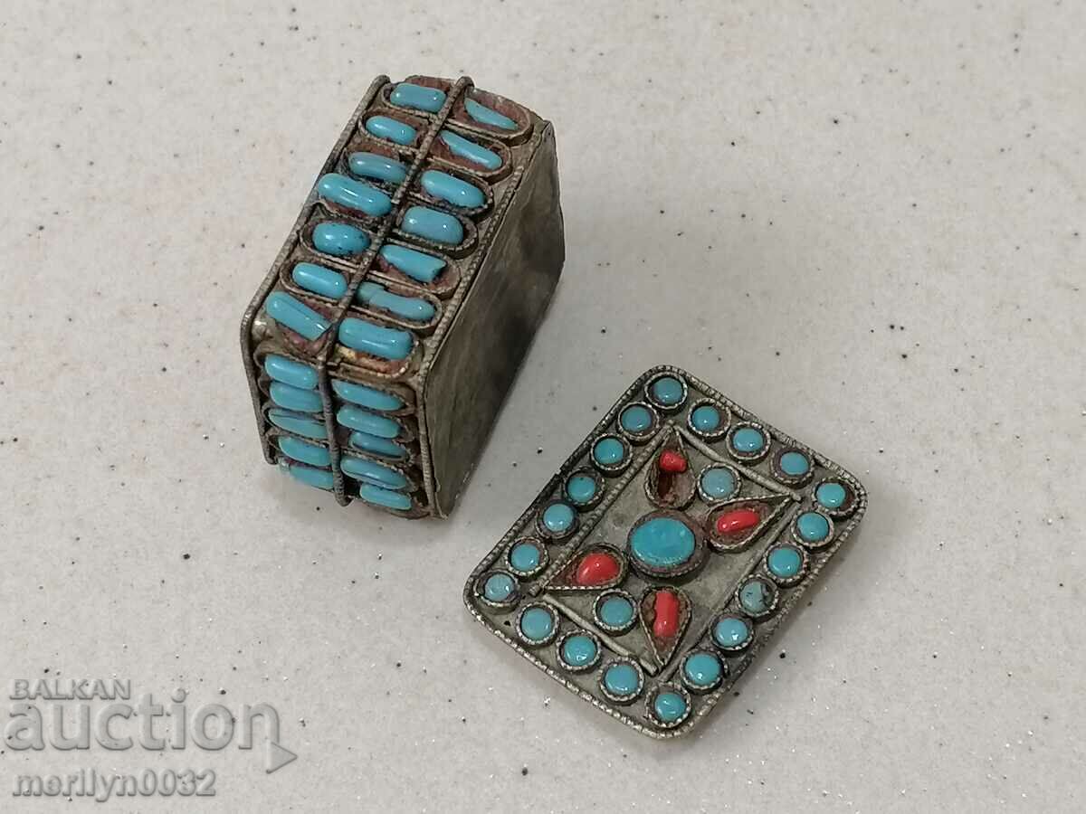 Old silver box opium box silver turquoise coral - 5