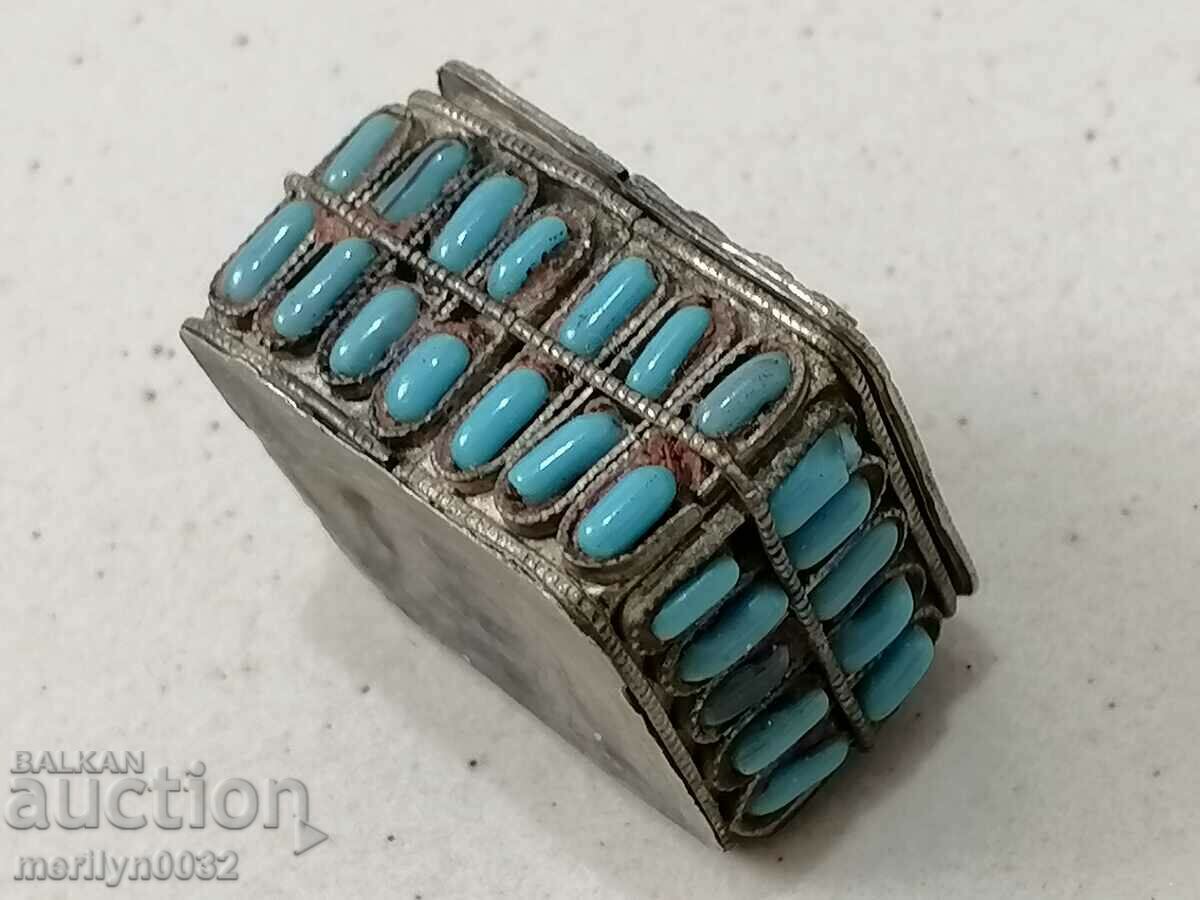 Old silver box opium box silver turquoise coral - 6