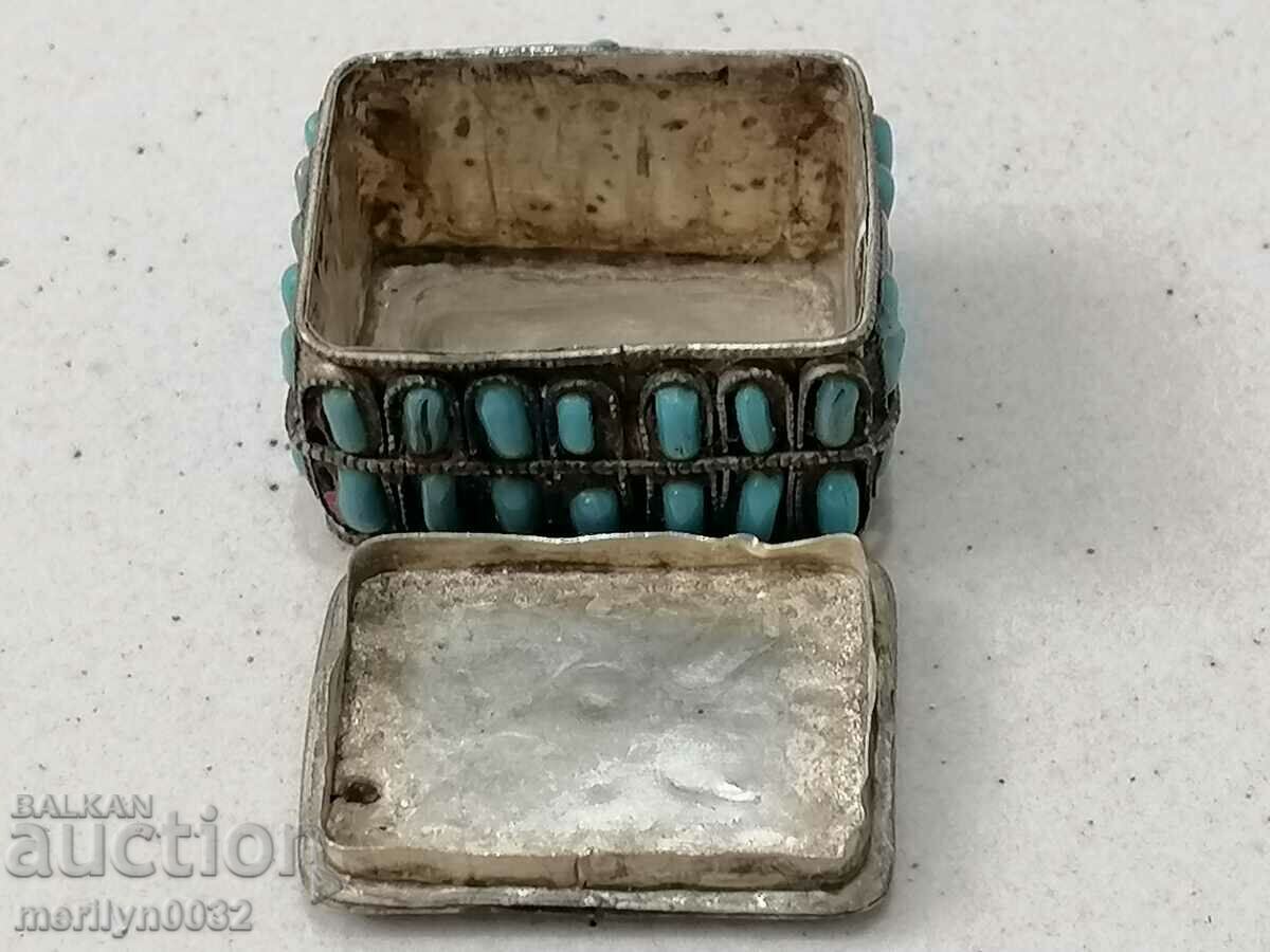 Old silver box opium box silver turquoise coral - 7