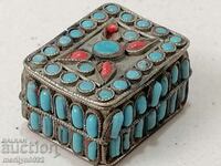 Old silver box opium box silver turquoise coral