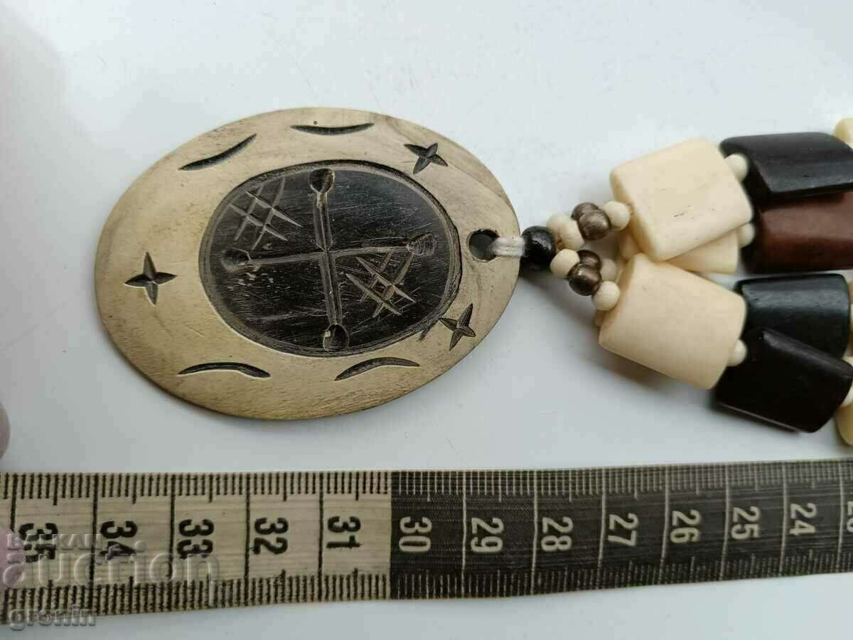 Double row, carved bone necklace, cross, stars, Tuareg, compass - 5