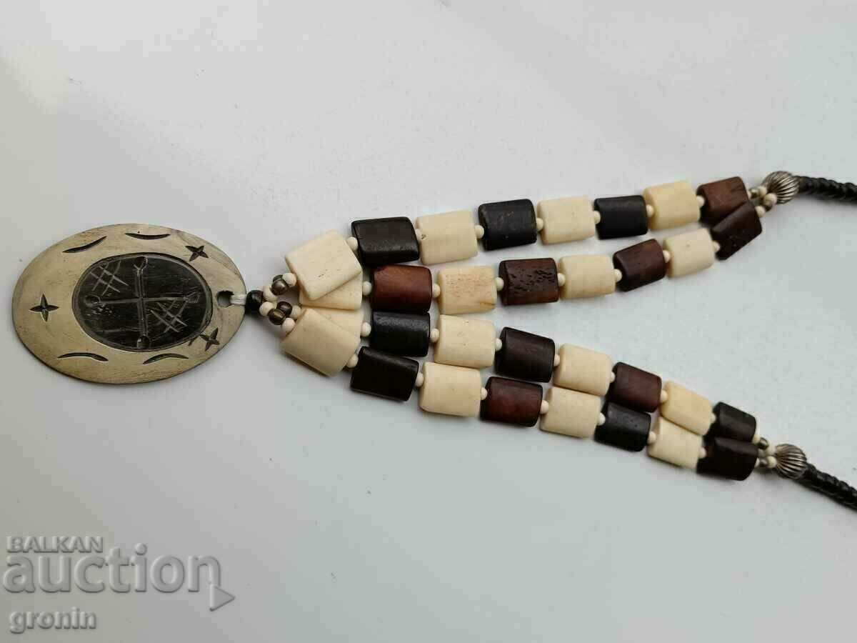 Double row, carved bone necklace, cross, stars, Tuareg, compass - 6