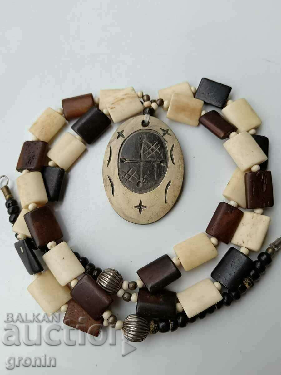 Double row, carved bone necklace, cross, stars, Tuareg, compass