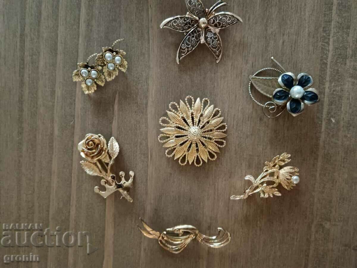 Lot 7 pcs, brooches, old, yellow, vintage, gilded,