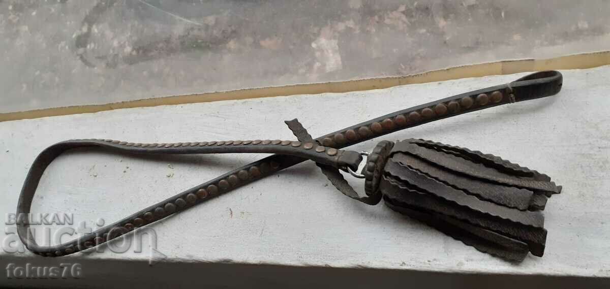 Old leather whip, tassel, horse ornament