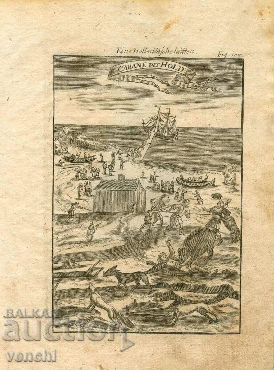 1719 - GRAVURA - Expediția lui Willem Barents la Novaia Zemlya