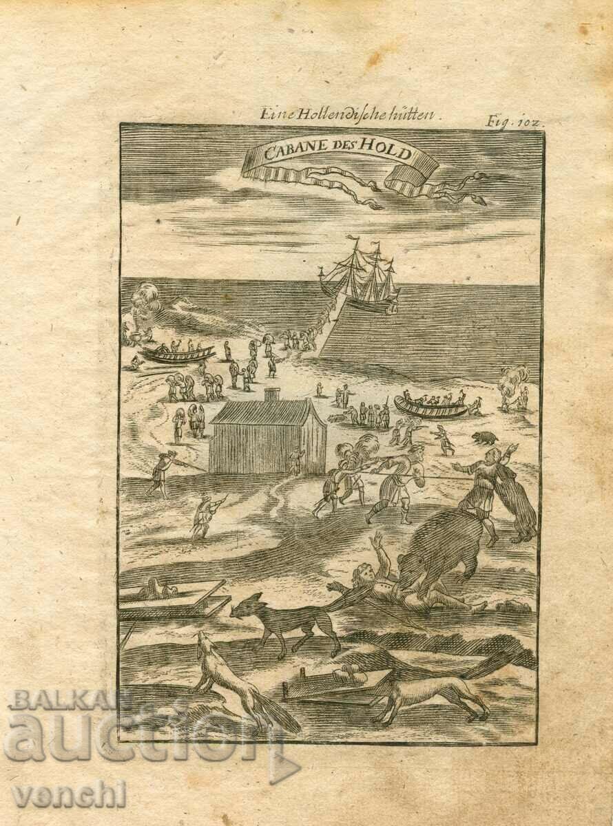 1719 - GRAVURĂ - Expediția lui Willem Barents în Novaia Zemlia
