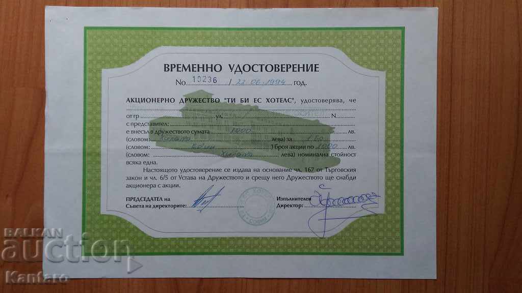Action-Temporary certificate-JSC-TBS Hotels;-10,236