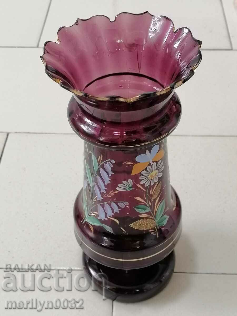 Vaza veche sticla rosie pictata manual