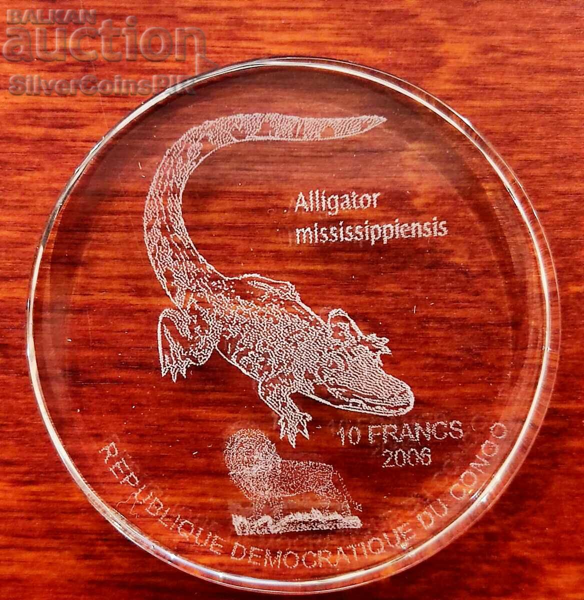 Стъклена Монета 10 Франка Крокодил 2006 Конго