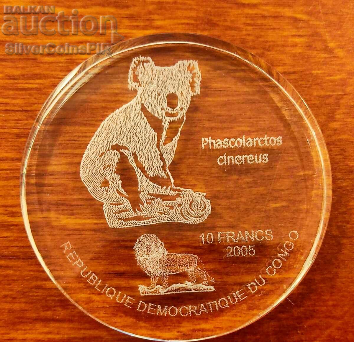 Monedă de Sticlă 10 Franca Koala 2005 Congo