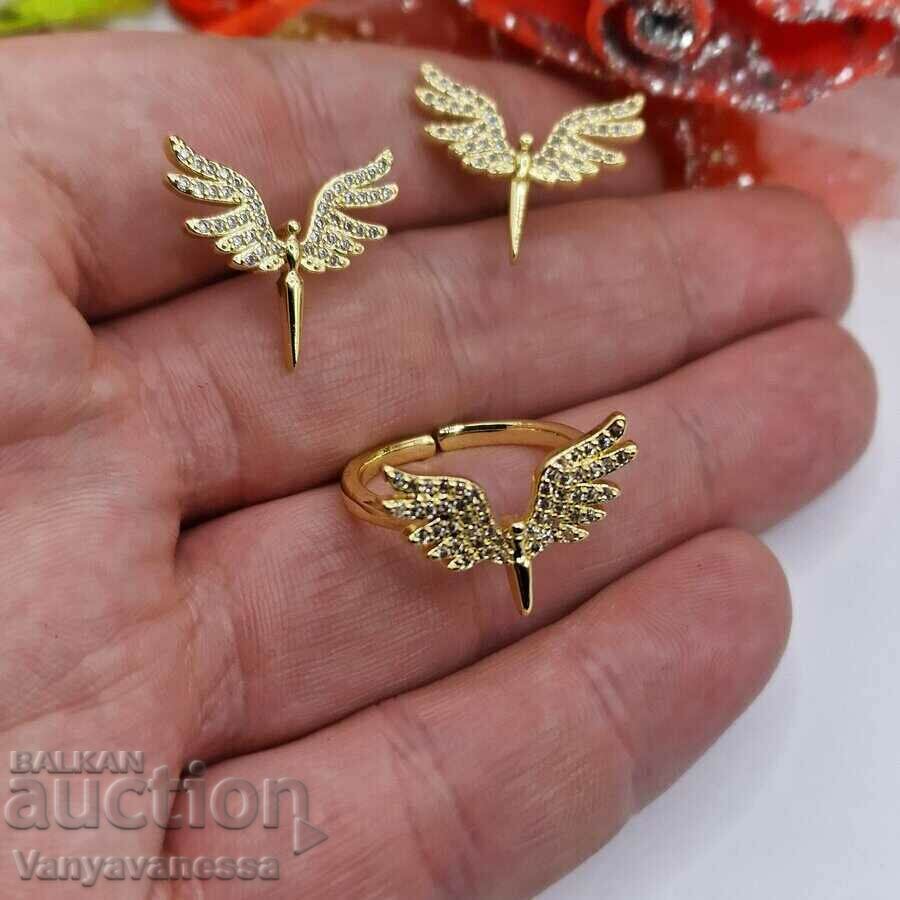 Cercei și inel din oțel de calitate medicală din aur phoenix de 18k