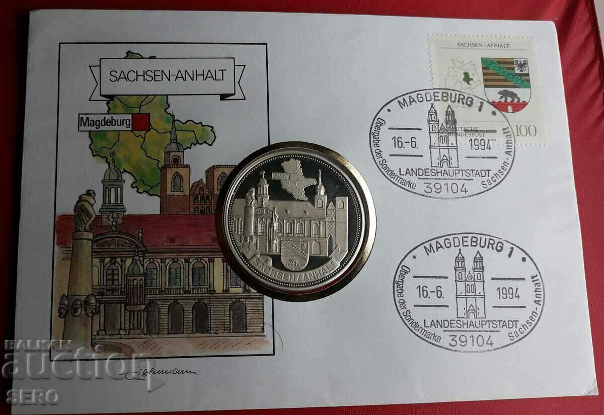Germania-Medalia Saxonia-Anhalt și post. marca într-un plic frumos