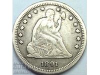 Τρίμηνο 1/4 δολαρίου ΗΠΑ 25 σεντς ασήμι 1891 Seated Liberty