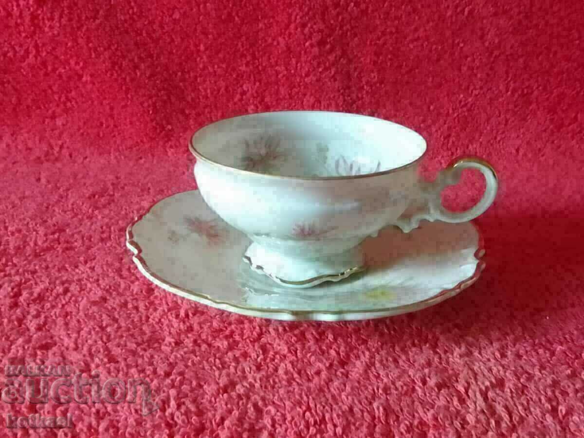 Double old porcelain set cup plate Hutschenruther gilt