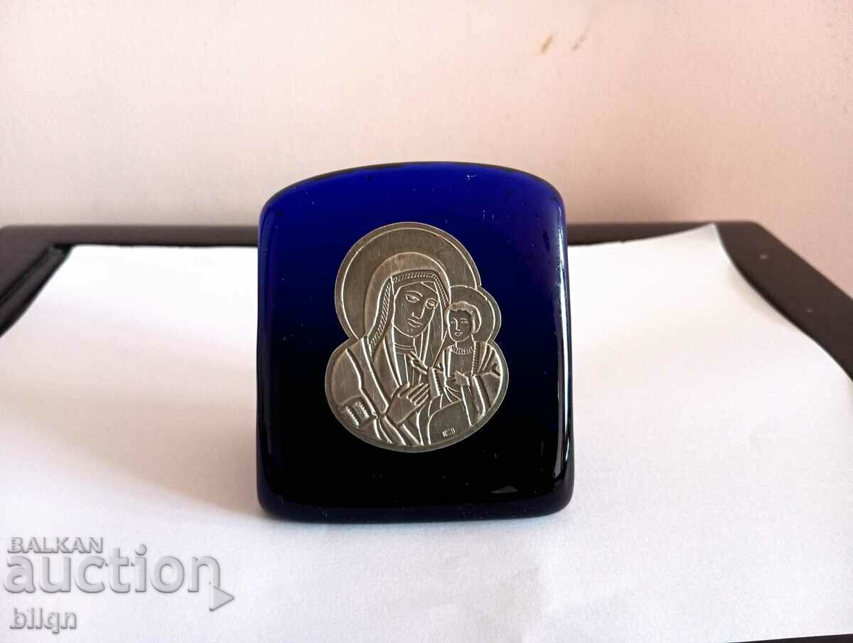 Beautiful Silver Plated Icon On Blue Glass