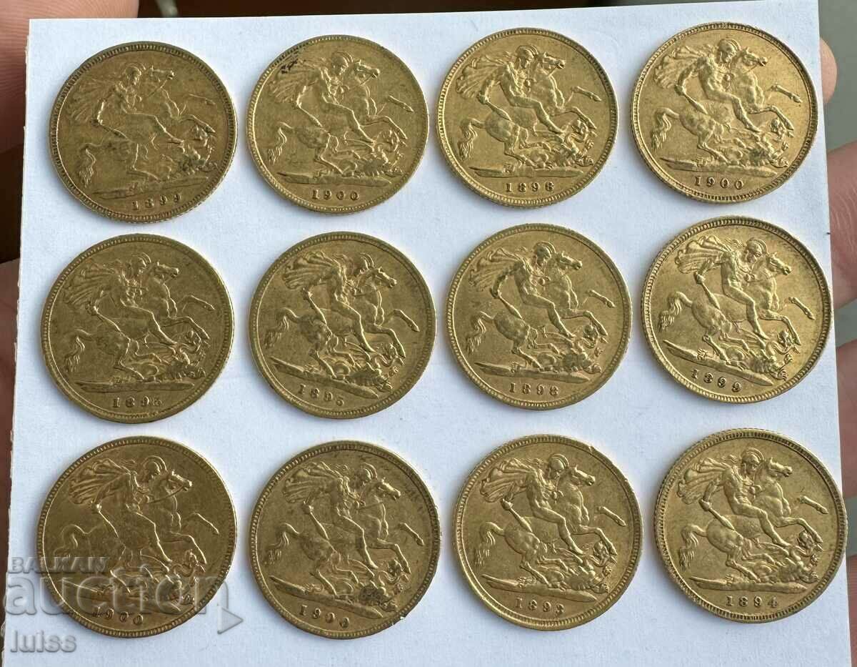 Moneda de aur 12BR Britanică 1/2 Suveran 1893-1901 Victoria