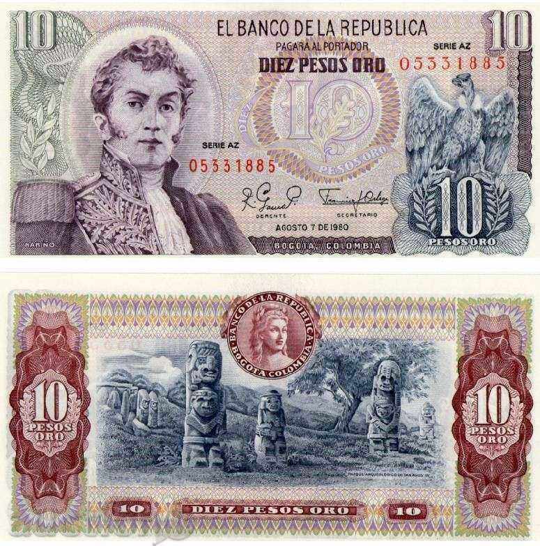 Zorba TOP LICITAȚII COLUMBIA 10 Peso ORO 1980 UNC