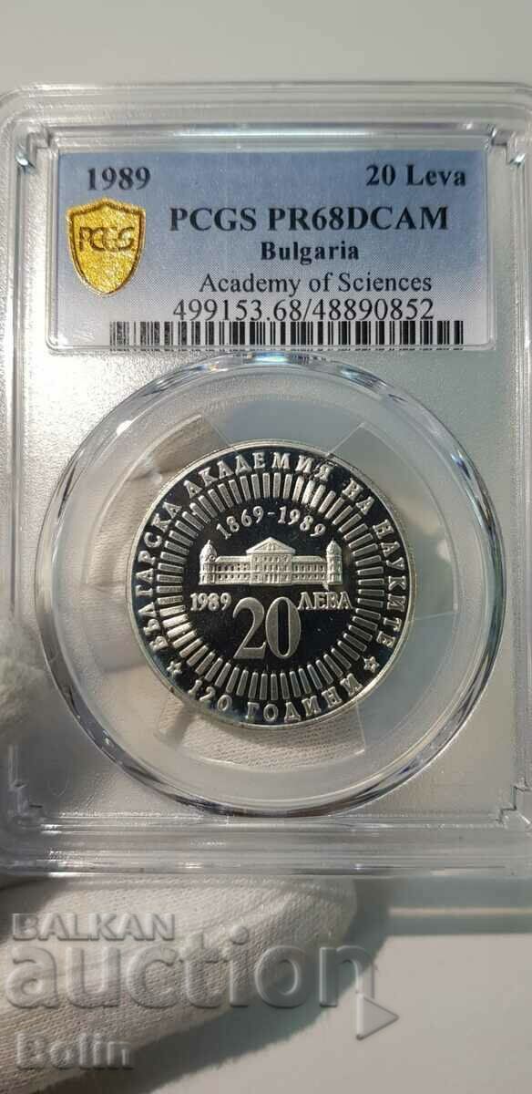 PR 68 DCAM-Silver coin 20 BGN Academy of Sciences 1989