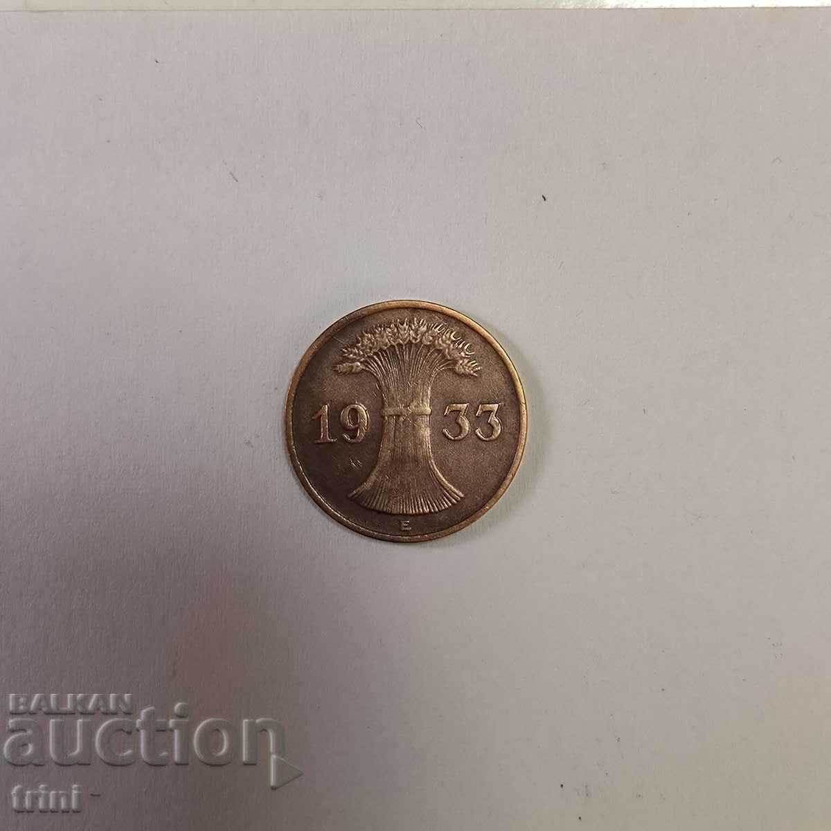 Germany 1 Reich Pfennig 1933 Year 'E' - Muldenhüten