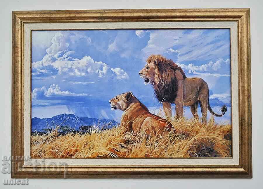 Λιοντάρι με λέαινα, εικόνα με κορνίζα