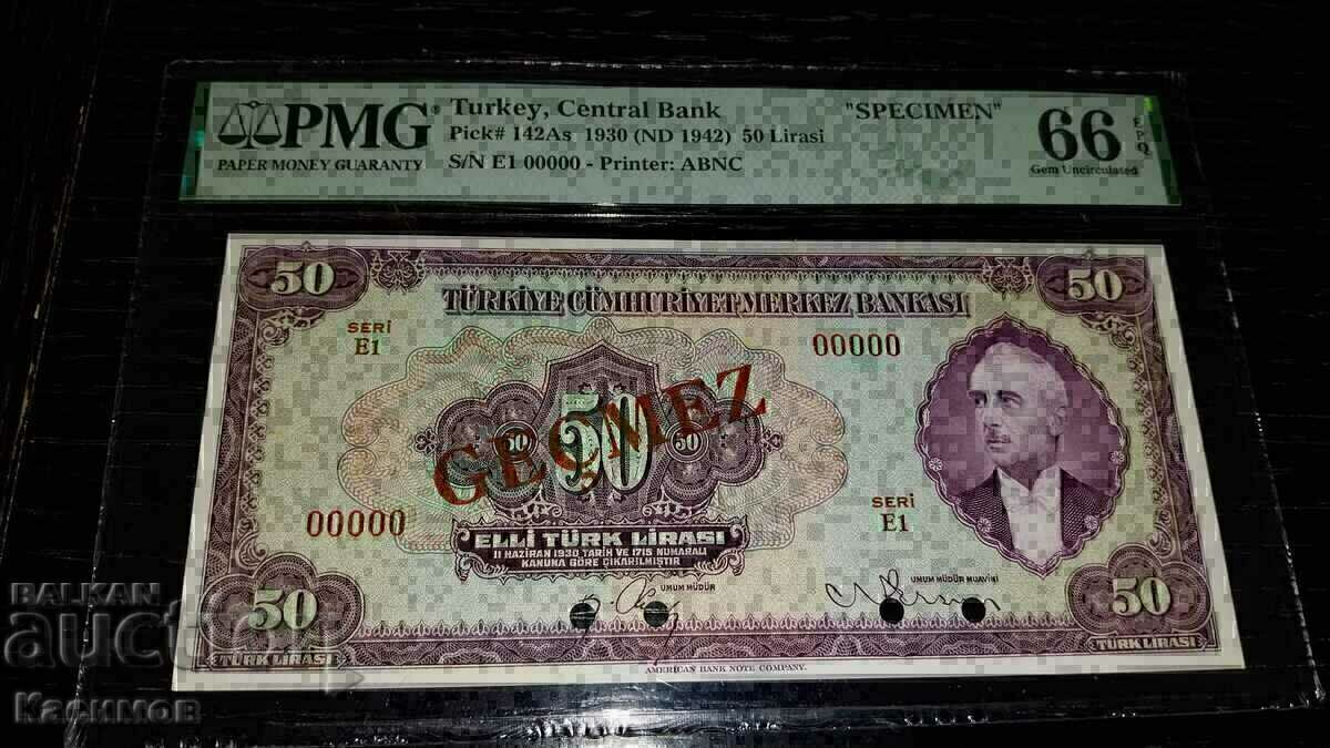 Banknote,, SPECIMEN,, from Turkey 50 Lira 1930, PMG 66 EPQ!