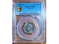 monedă 20 BGN 1940 PCGS MS 61