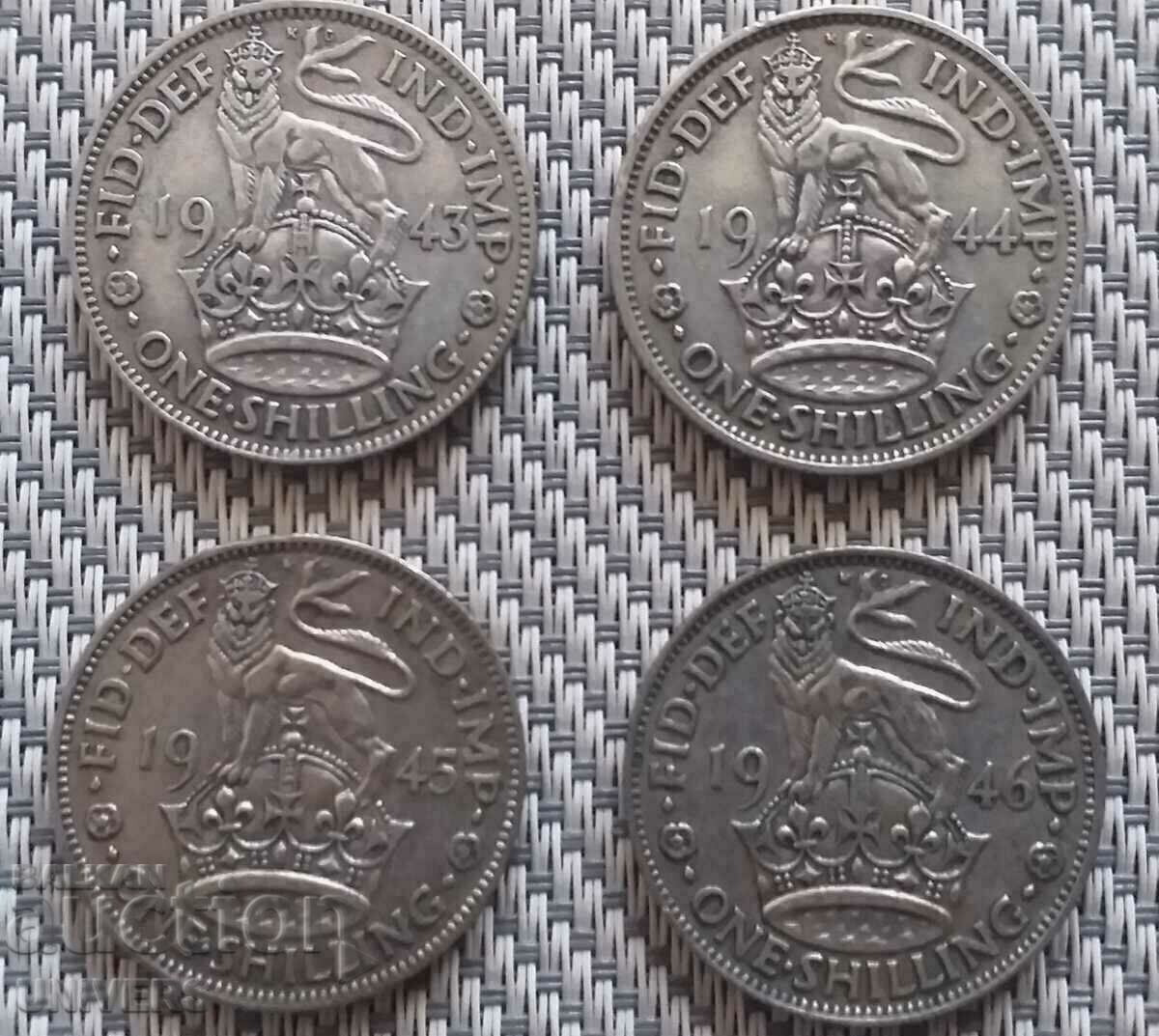 SILVER COINS 1 SHILLING 1943,44,45,46