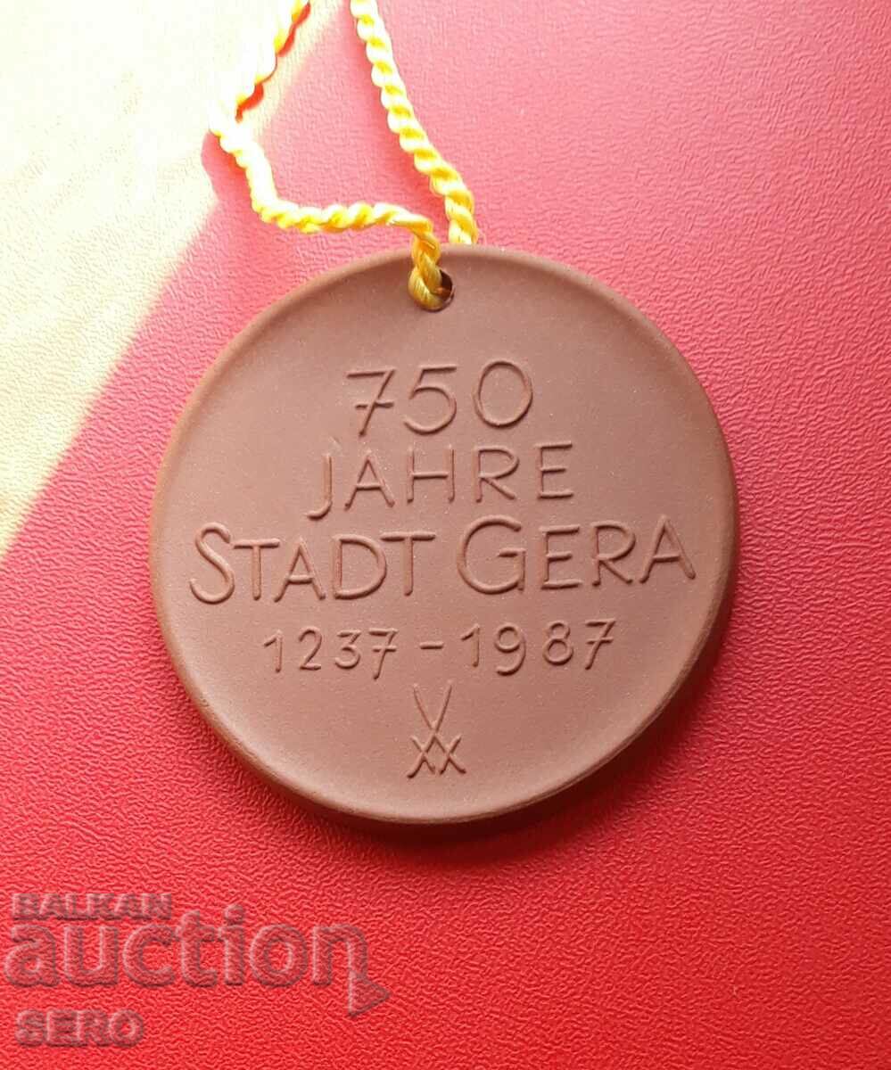 Γερμανία-ΛΔΓ-μετάλλιο πορσελάνης-750 χρόνια πόλη Γέρα