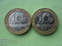10 francs 1991 and 1989 France