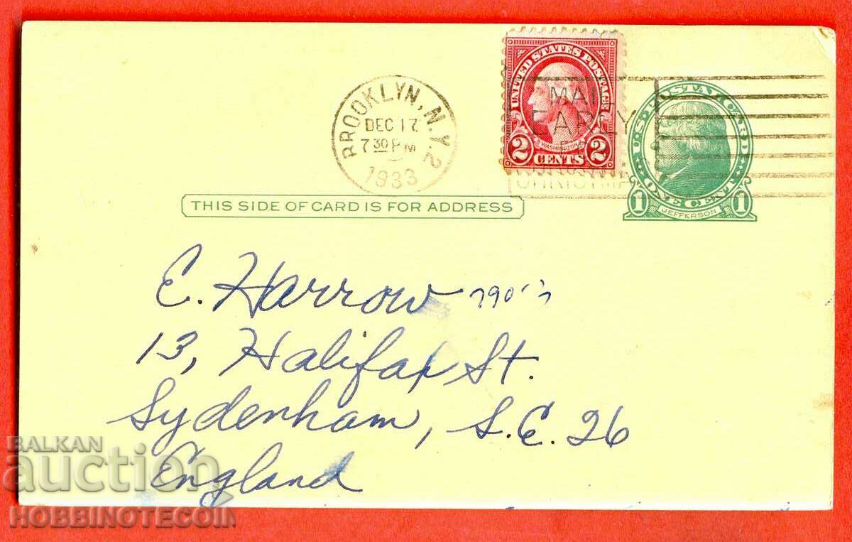 САЩ АНГЛИЯ пътувала картичка с 1 + 2 ЦЕНТА - 1933