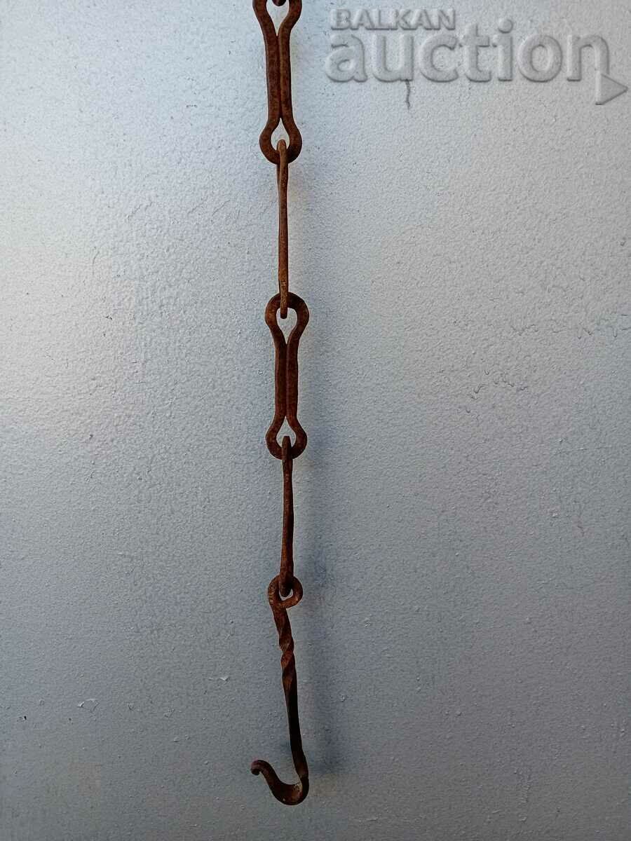 Auction Old wrought iron chain with hook, hearth ring Auction Old wrought iron chain with hook, hearth ring