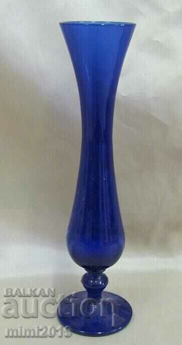 Vintich Vase Blue Glass Hand Painted - 5