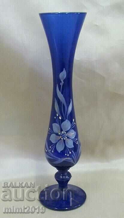 Vintich Vase Blue Glass Hand Painted - 7