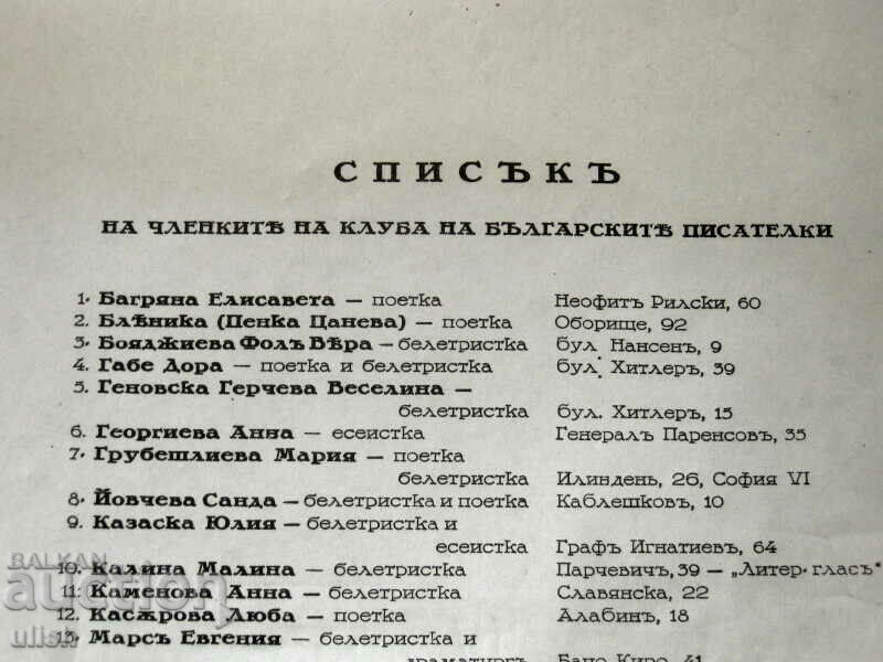List of the Club of Bulgarian Women Writers /1934-1938/