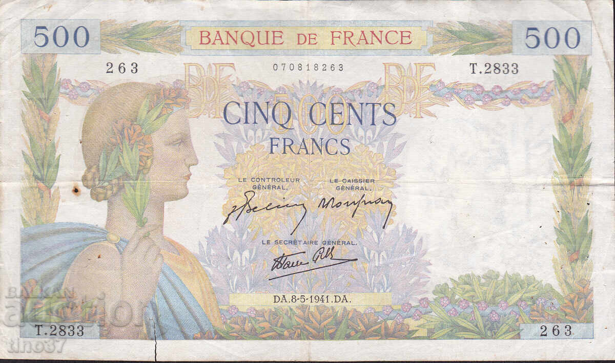 tino37- FRANCE - 500 FRANC - 1941 - F with price € 15.20 | 29.73 BGN