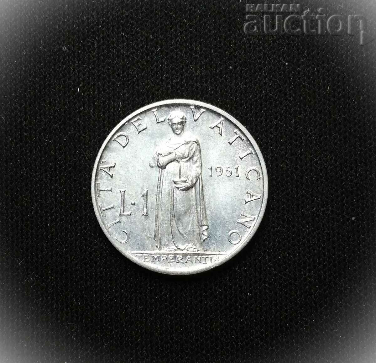 Ватикана 1 лира 1951 г. Римска монета, Пий XII, Рим, STGL,
