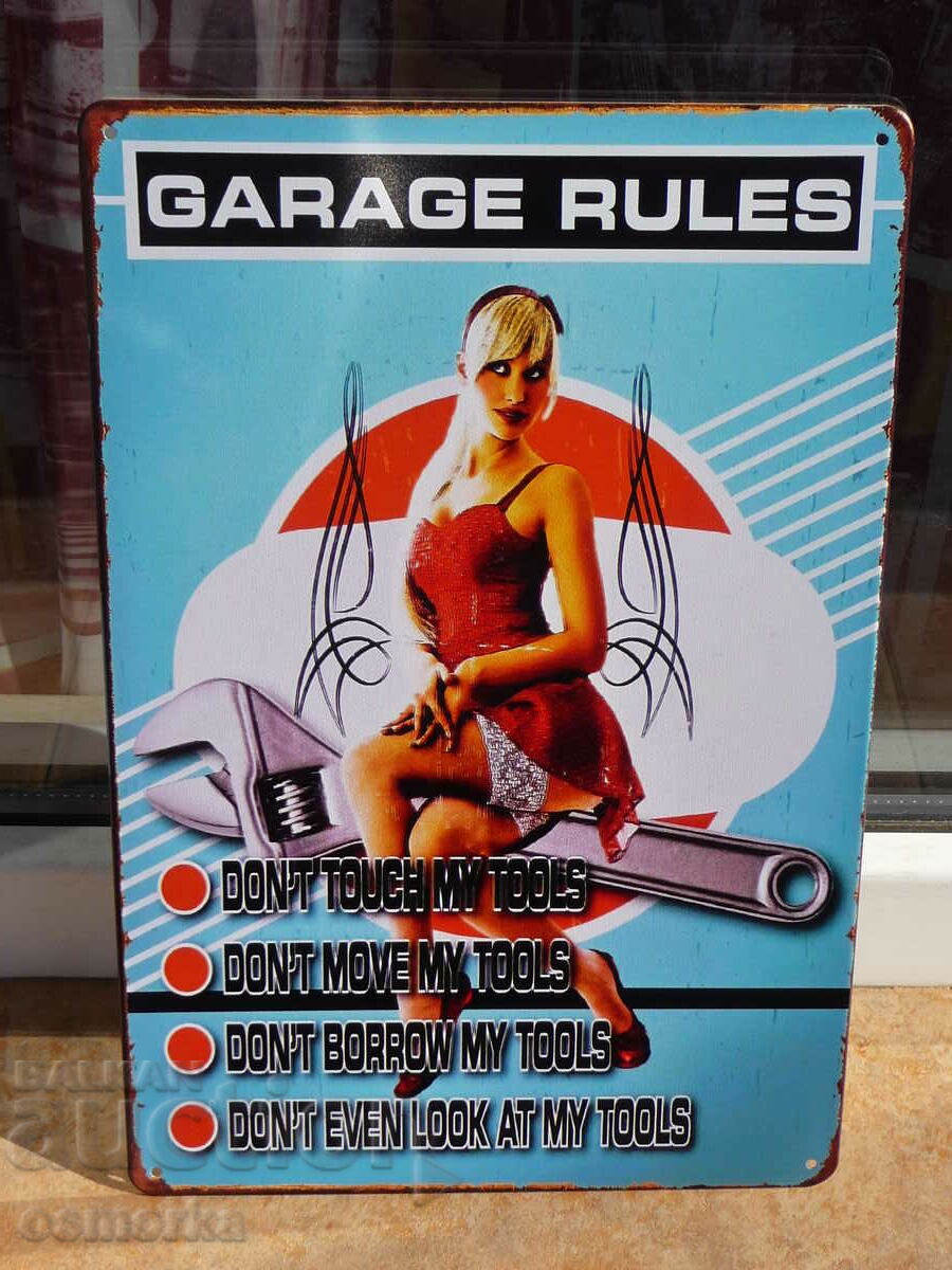 Metal sign car Garage rules do not touch move erotica