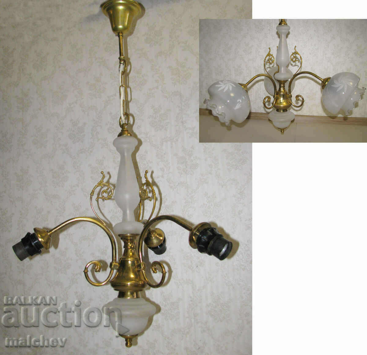 Old baroque chandelier brass and glass 80/45 cm trio excellent