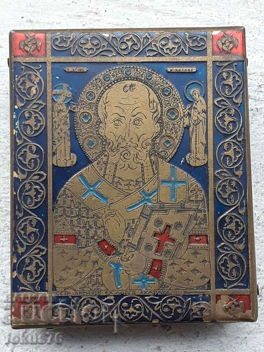 Стара малка бронзова икона с емайл - Свети Никола