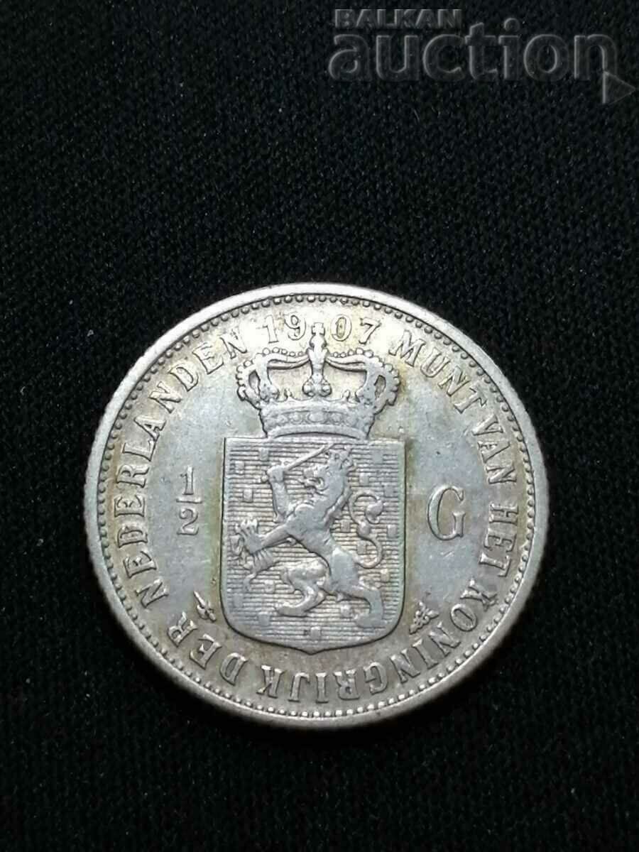 Netherlands ½ gulden, 1907 . Wilhelmina (1890 - 1948)